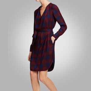 Ann Taylor Buffalo Plaid Tie Waist Dress Size XS Burgundy Blue